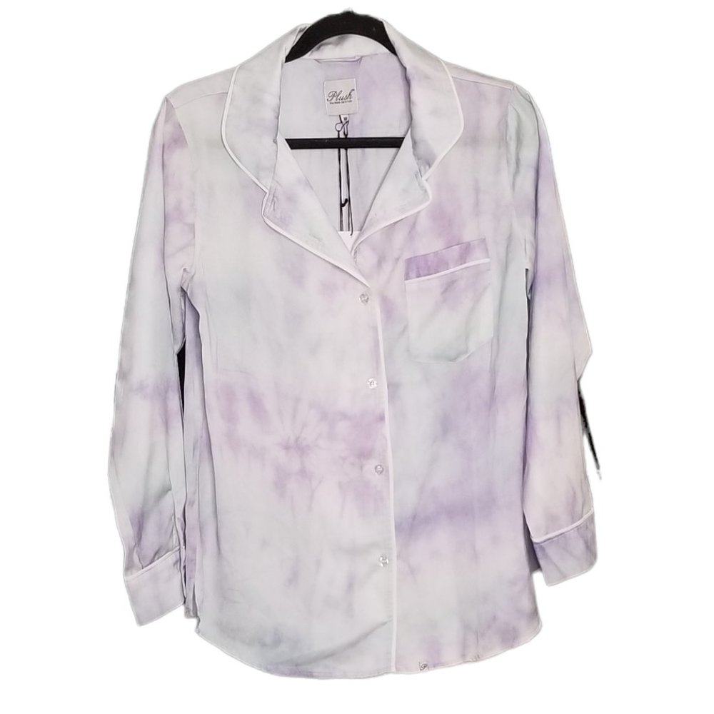 NWT REVOLVE Plush Apparel Silky Purple Tie Dye Pajama Shirt, Size XS
